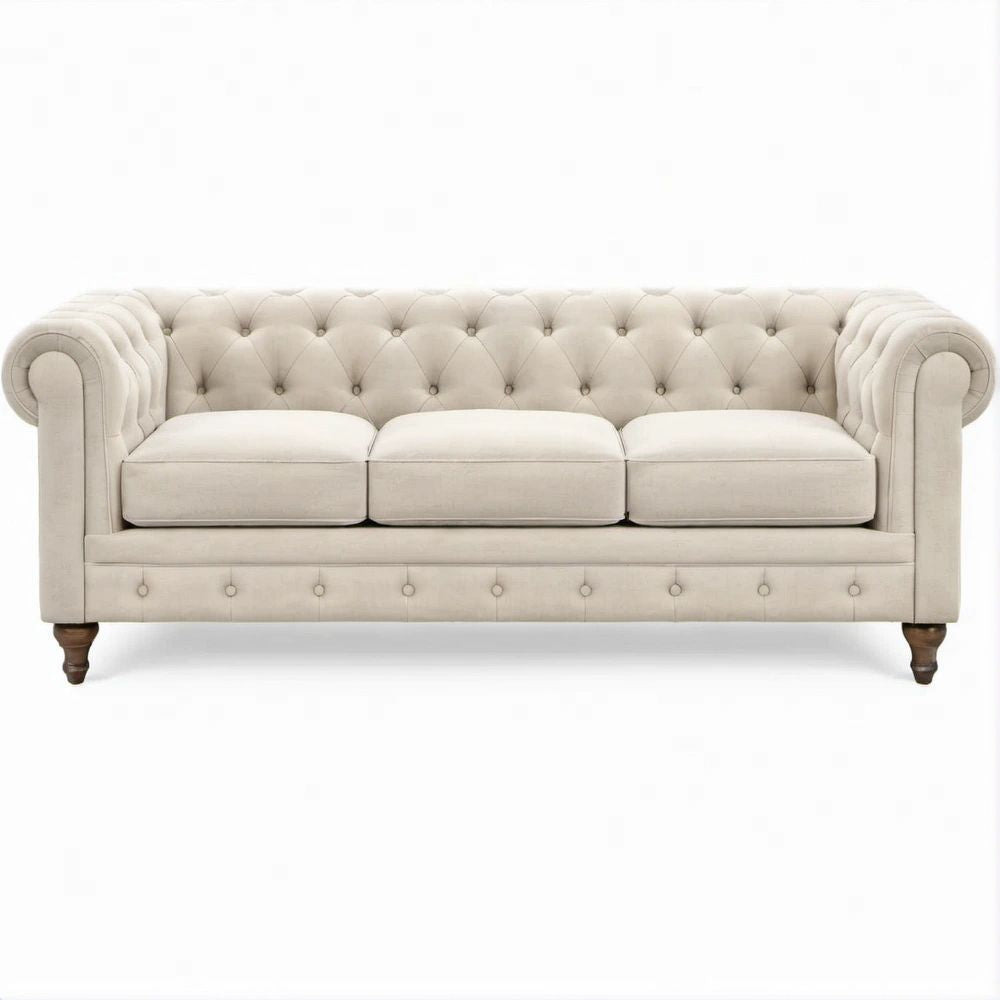 Trzyosobowa sofa Chesterfield kremowa z ciemnobrązowymi nogami, 220 x 90 x 75 cm