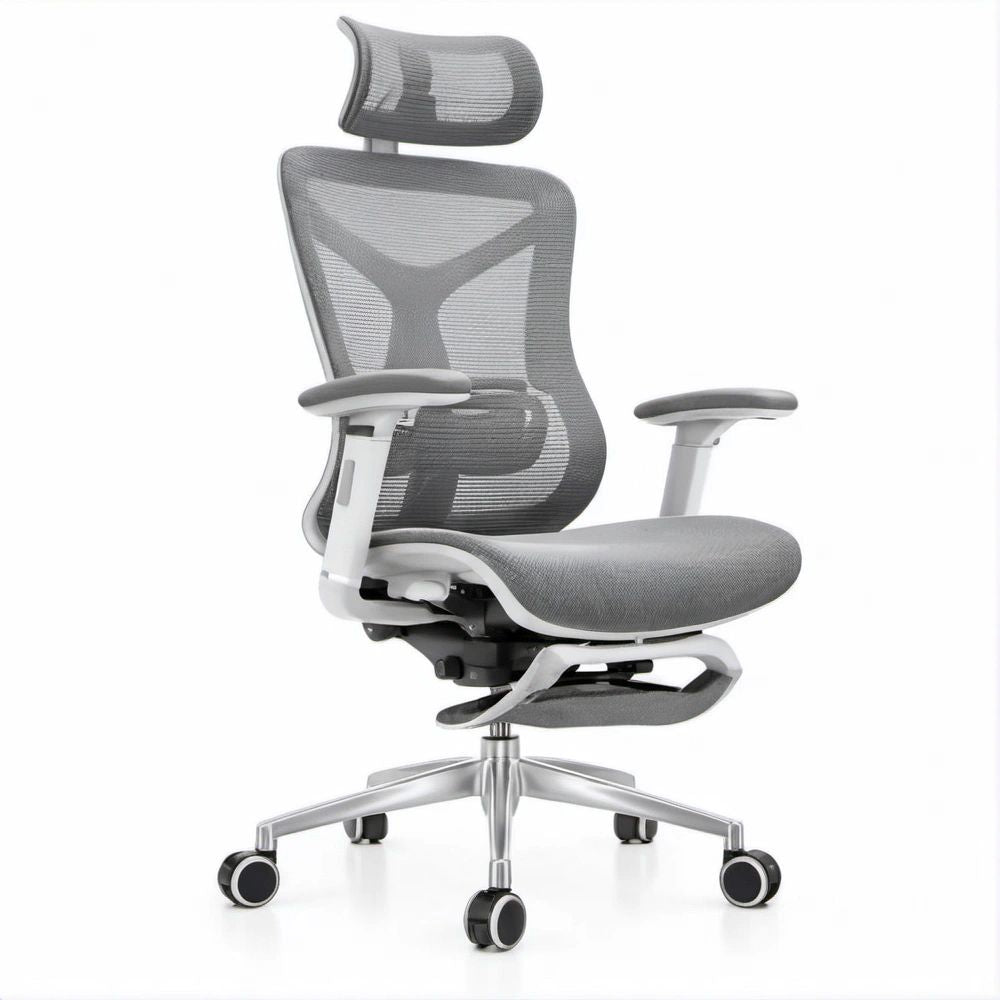 Ergonomiczne krzesło biurowe obrotowe z zagłówkiem, szare, 66 x 66 x 118–128 cm