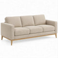 Beżowa sofa trzyosobowa z tapicerką poliestrową i drewnianymi nogami, 210 x 85 x 82 cm