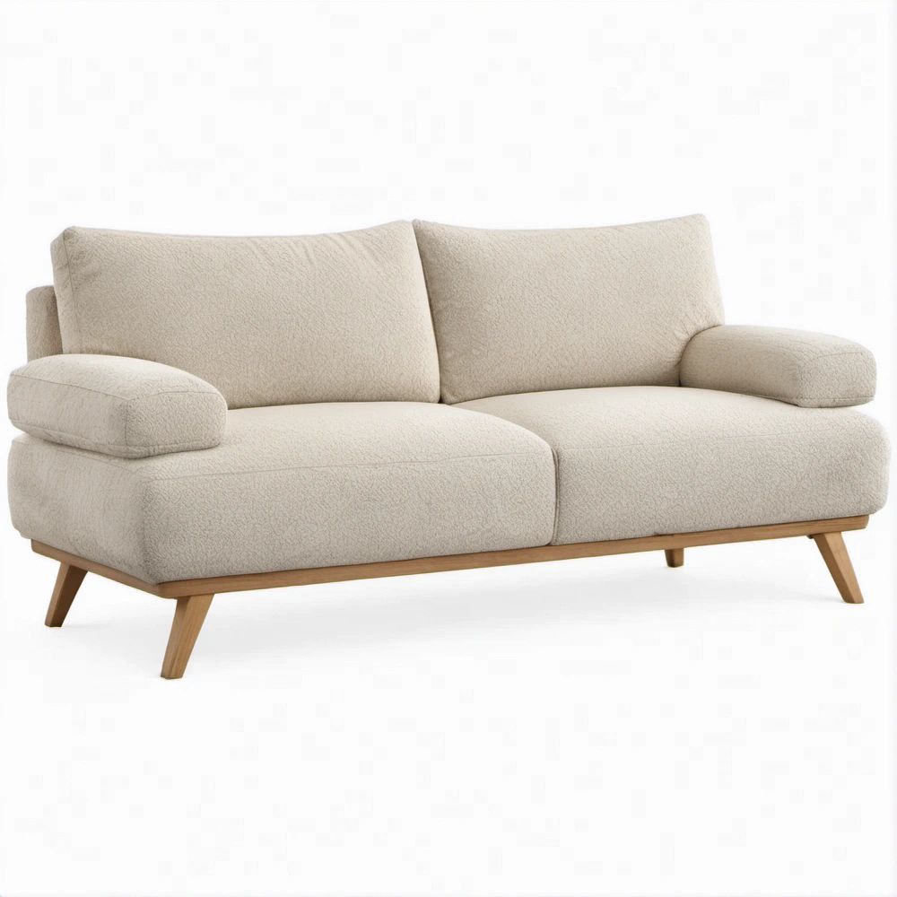 Dwuosobowa sofa kremowa bouclé z drewnianymi nogami 180 x 88 x 82 cm