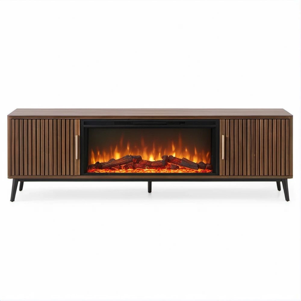 Szafka RTV z kominkiem elektrycznym 180 x 40 x 60 cm Orzechowa/Czarna/Złota