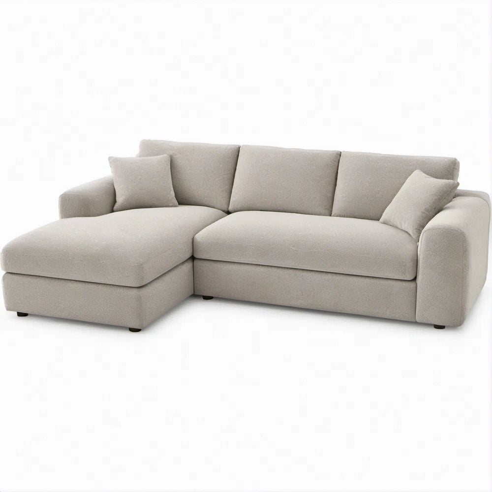 Beżowa sofa narożna z lewostronnym szezlongiem, tapicerka poliestrowa, 250 × 160 × 85 cm