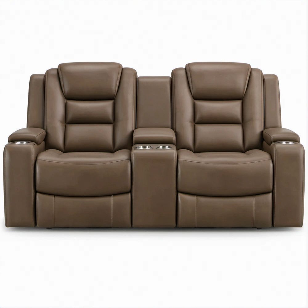 Brązowa sofa relaksacyjna 2-osobowa z ręcznym rozkładaniem, konsolą i uchwytami na napoje, 180 x 95 x 105 cm