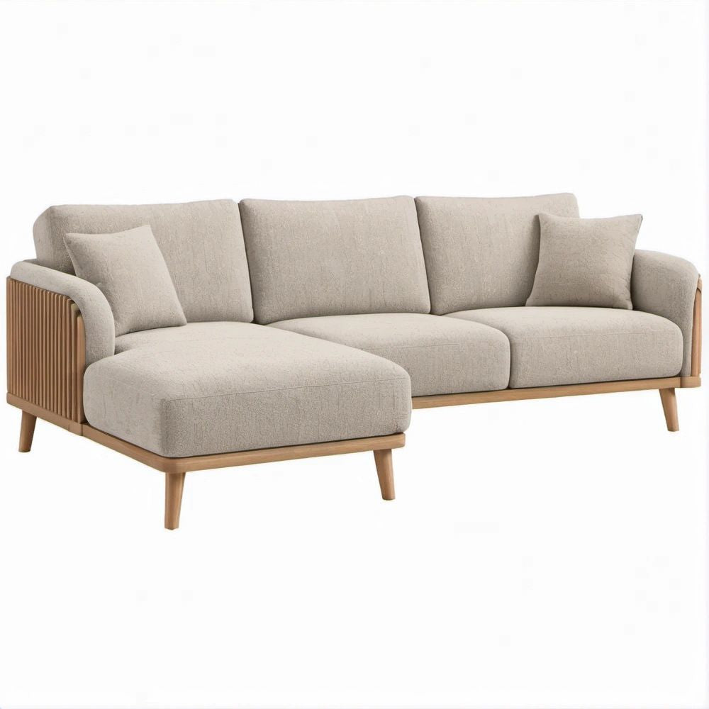 Beżowa sofa narożna lewostronna 3-osobowa z szezlongiem, 250 × 160 × 85 cm