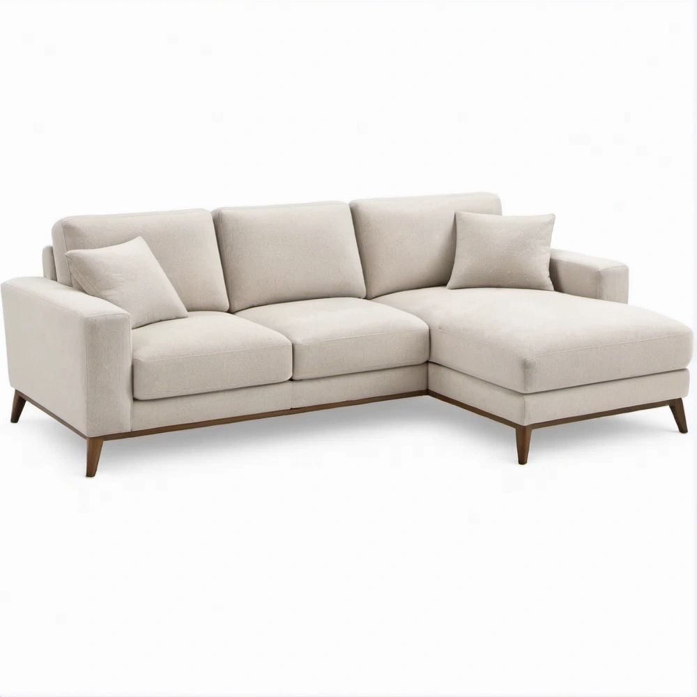 Beżowa sofa narożna prawostronna z szezlongiem, tapicerka poliestrowa, 250 × 160 × 85 cm