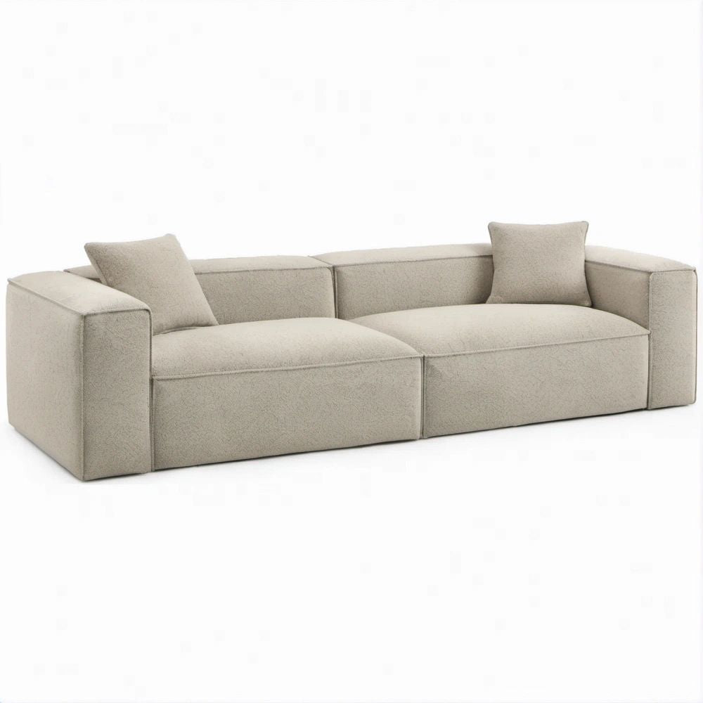 Trzyosobowa sofa beżowa z tkaniny bouclé, 240 x 100 x 75 cm