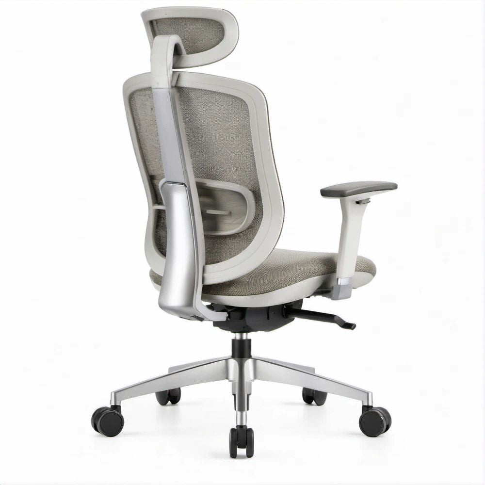 Ergonomiczne obrotowe krzesło biurowe z regulowanym zagłówkiem, siatką i podparciem lędźwiowym, szaro-białe, 65 x 65 x 118–128 cm