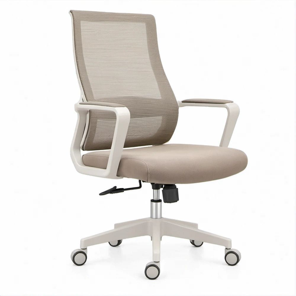 Ergonomiczny fotel obrotowy beżowo-biały z wysokim oparciem siatkowym 64 x 64 x 112–122 cm